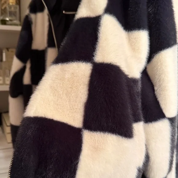Noize Checkered Teddy Jacket Black White | Soft Faux Fur Cozy Statement Coat - Picture 2 of 8